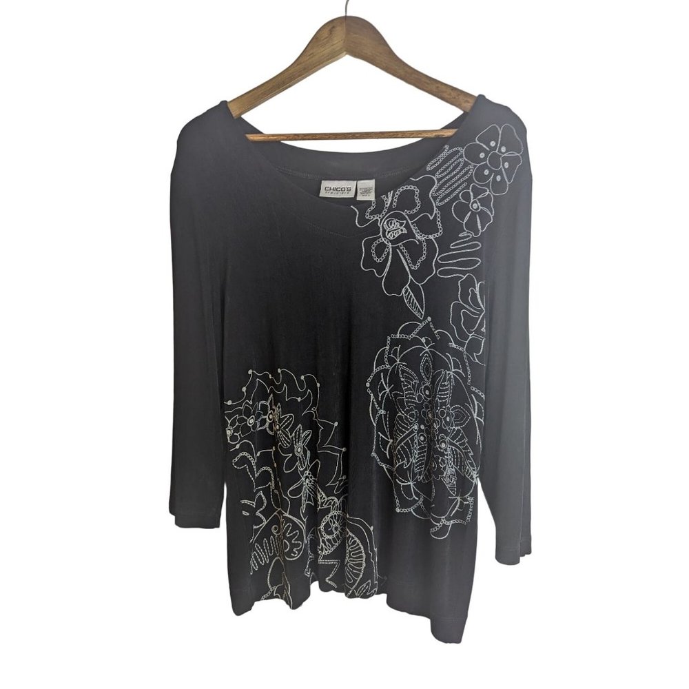 Chico's Travelers Black Slinky Knit Floral Print Boho Packable Stretch Sz3 XL/16